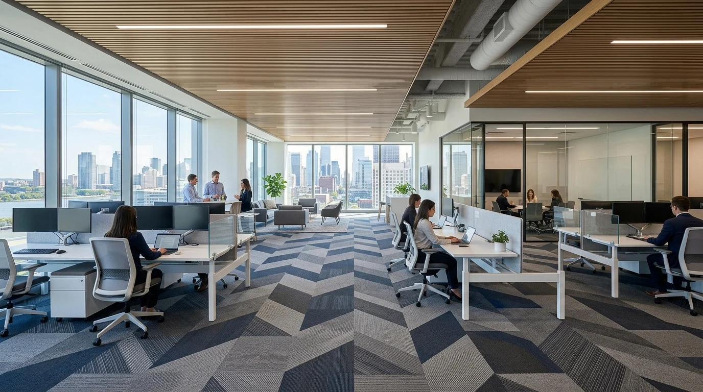 Karpet Tiles Modular Terpasang di Office Space Perkantoran Modern Karpet Tiles Modular Terpasang di Office Space Perkantoran Modern